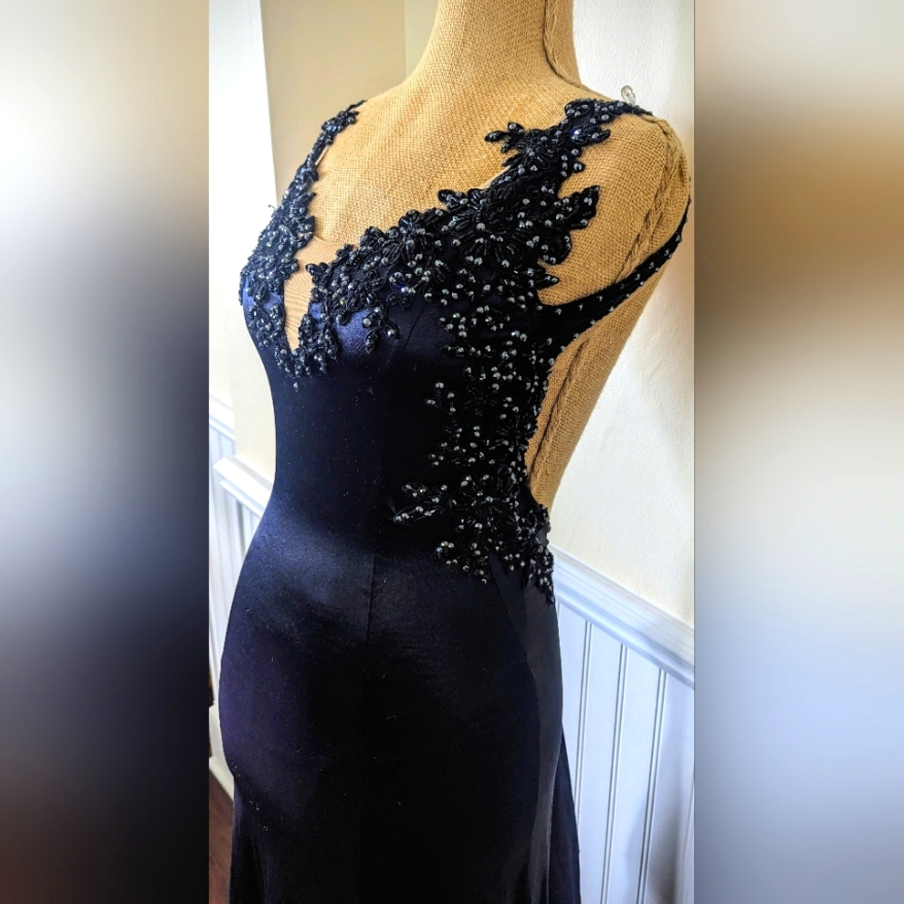 Custom Pageant Gown Black Satin with Lace Applique and Swarovski Crystal Size 00